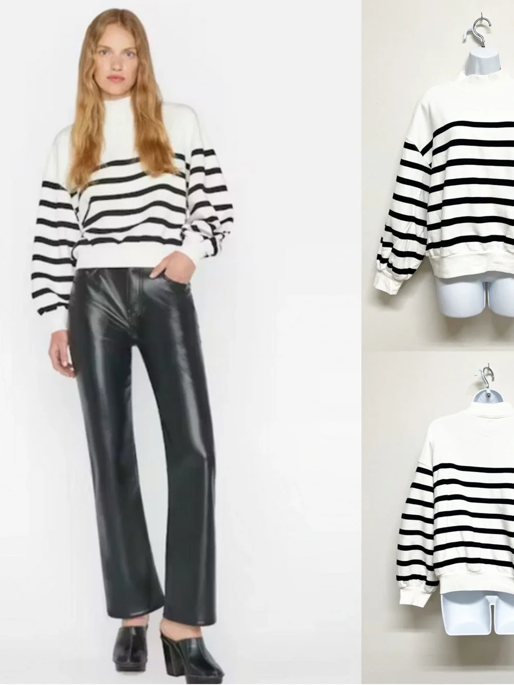 Frame Denim Womens Striped Black and White Balloon Sleeve Mock Neck Sweatshirt